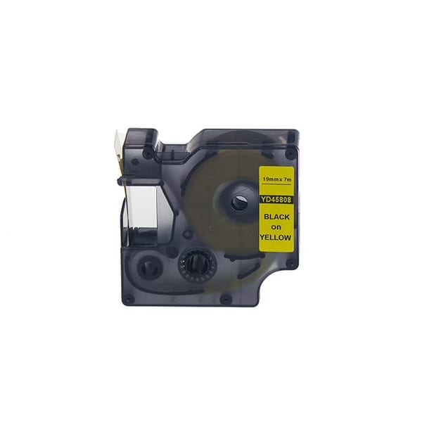 Sarı zemin üzerine siyah harflerle basan 19 mm x 7 m Dymo D1 45808 etiket şeridi kaseti