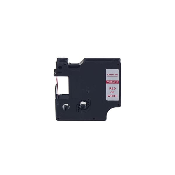 Dymo D1 45015 beyaz zemin üzerine kırmızı yazılı 12 mm genişliğinde etiket şeridi