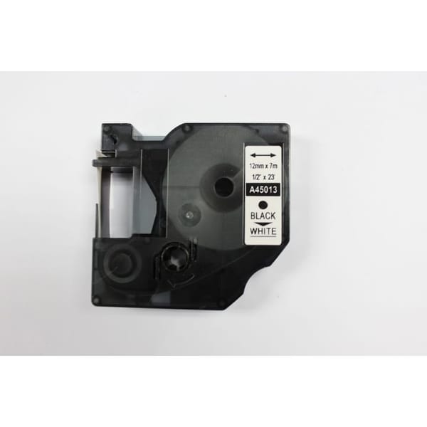 Dymo D1 45013 beyaz zemin üzerine siyah yazılı 12 mm genişliğinde etiket şeridi