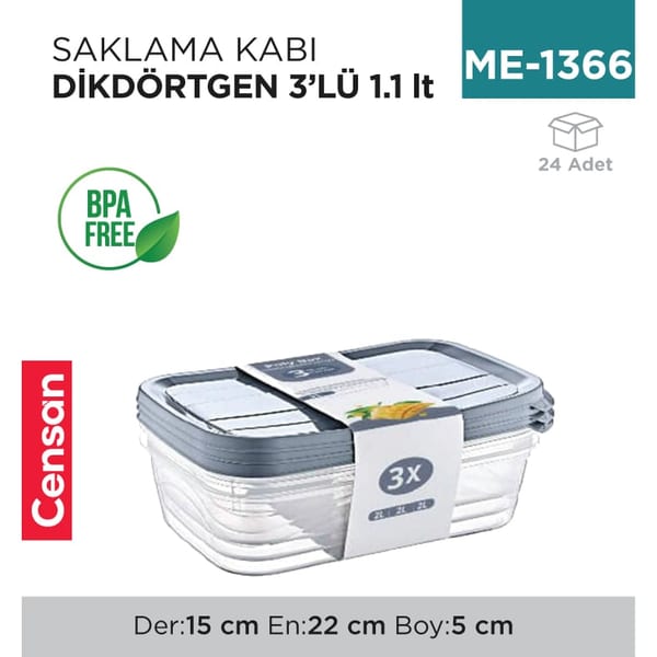 Saklama Kabı D.dörtgen 3'lü 1.1 lt (E-749)