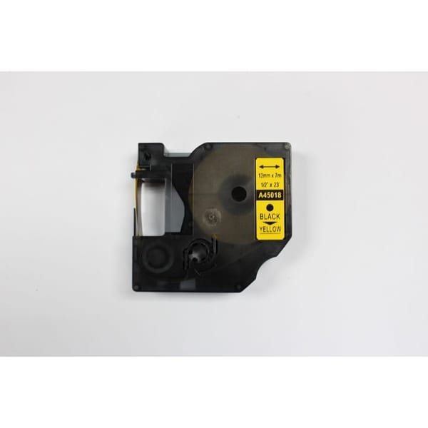 Dymo D1 45018 sarı zemin üzerine siyah yazılı 12 mm genişliğinde etiket şeridi